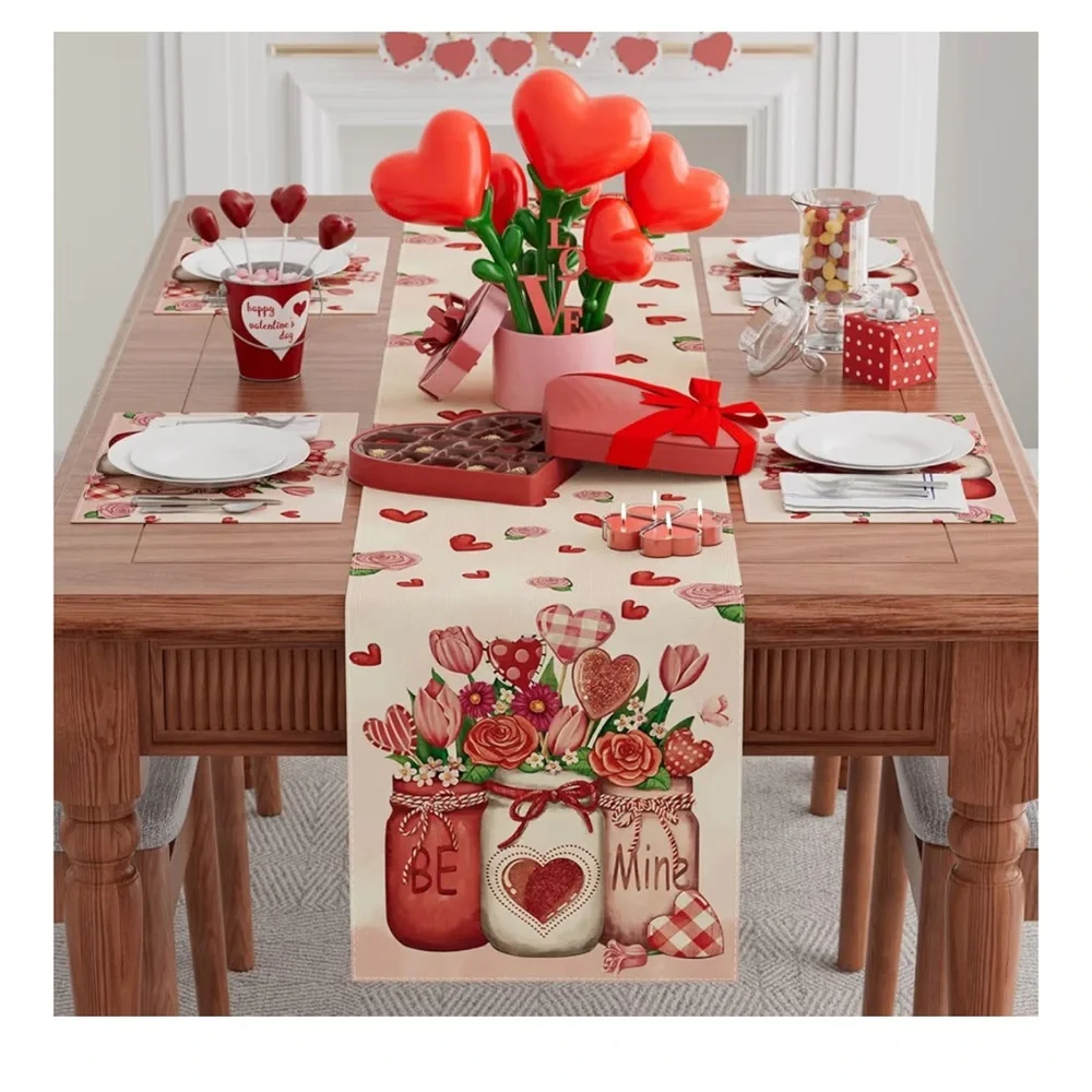 Valentine Floral‎ Jar Table Runner - Pink & Red Heart Design NWT 13x90 inch.